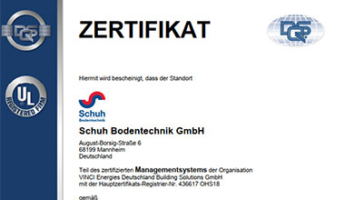 Schuh Bodentechnik Zertifikat ISO 45001 : 2018